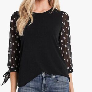 Cece Black Blouse with Sheer 3/4 Sleeve